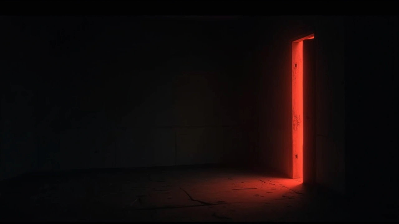 Illustration: a dark room lit by a sudden red glow, camera flash glare on a wall.