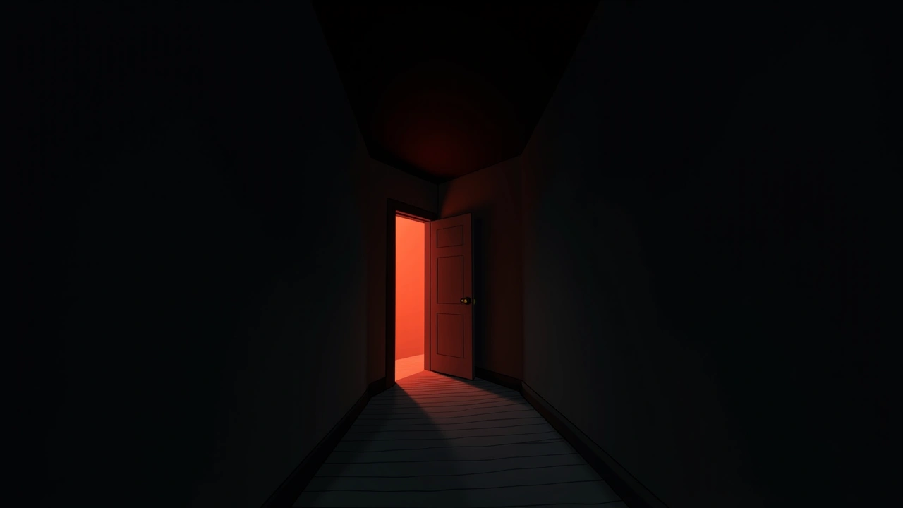 Illustration: a dim upstairs hallway glowing faintly red.