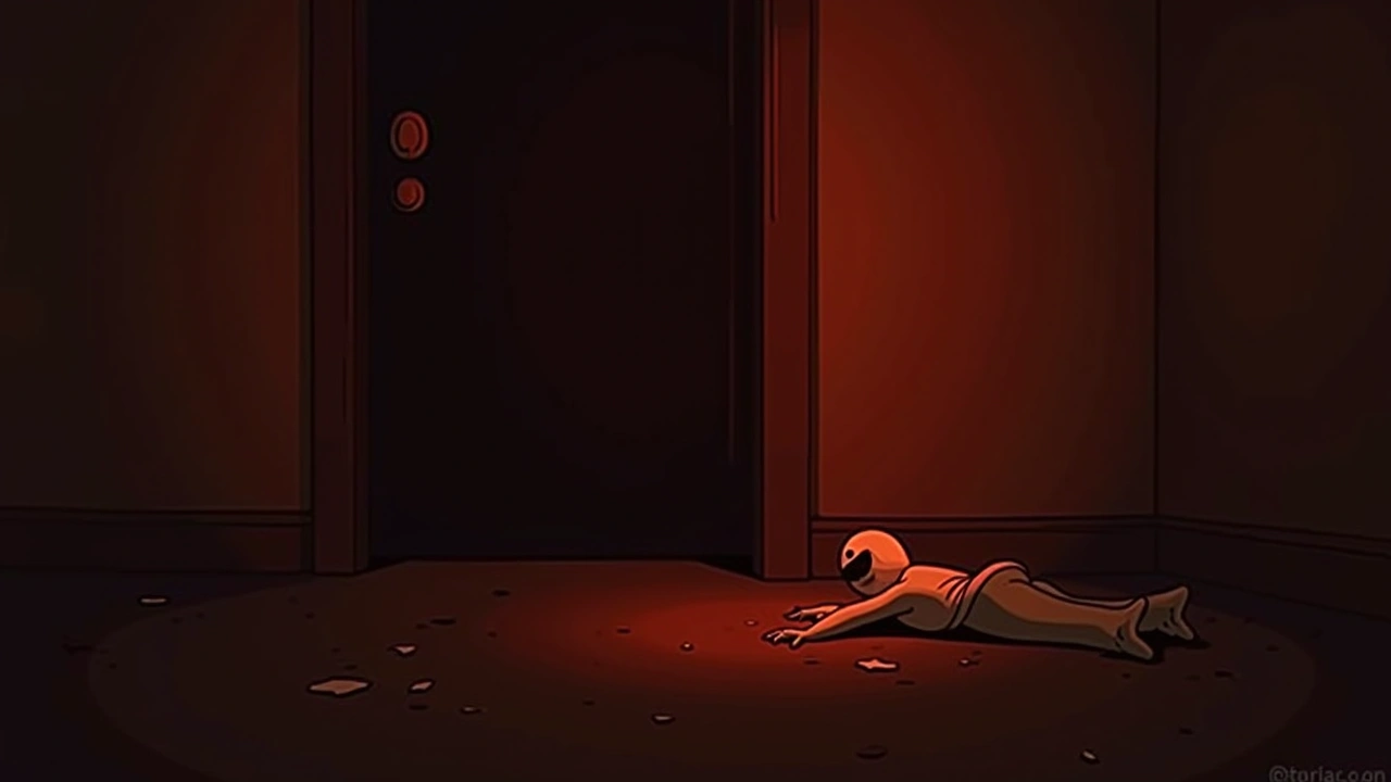 Illustration: a dim corner of a room washed in deep red light.