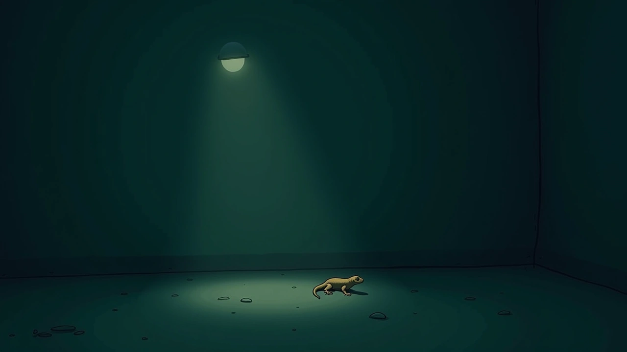 Illustration: a dim, empty room at night with a small gecko on the wall.
