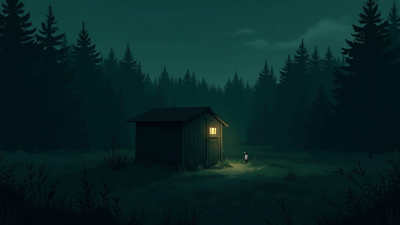 Illustration: a wooden outhouse at the far end of a vegetable garden at dusk.