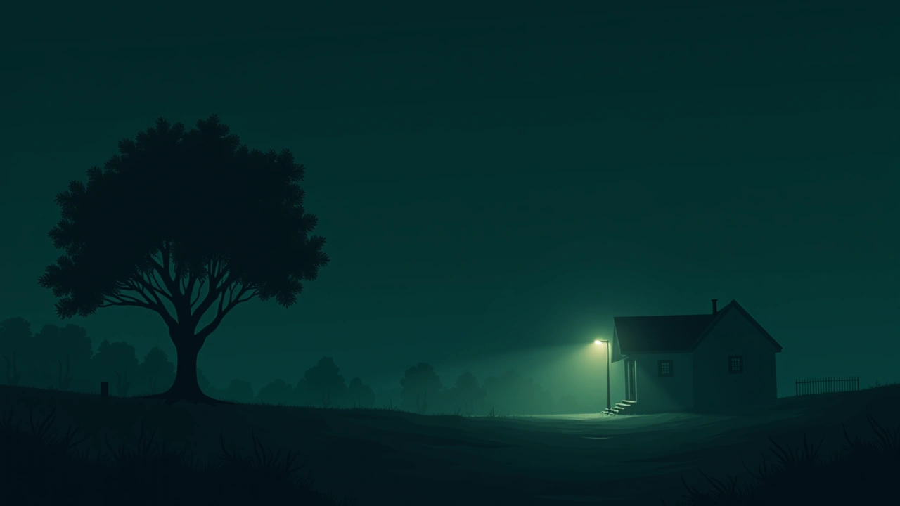 Illustration: an orange tree at night lit by a phone camera flash.