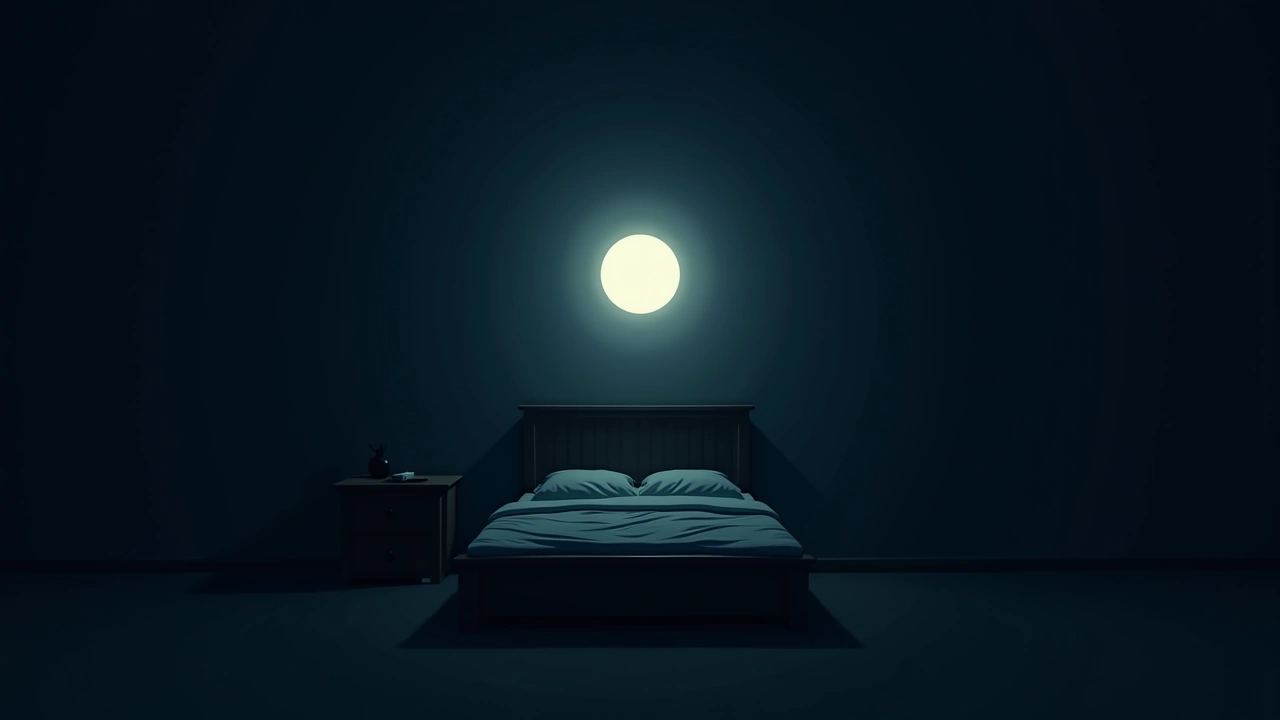 Illustration: a glowing orb of light floating above a bed in a dark bedroom at night.