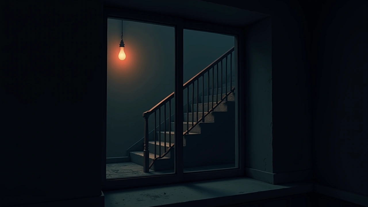 Illustration: a staircase drawn in lipstick on a dark window pane at night.