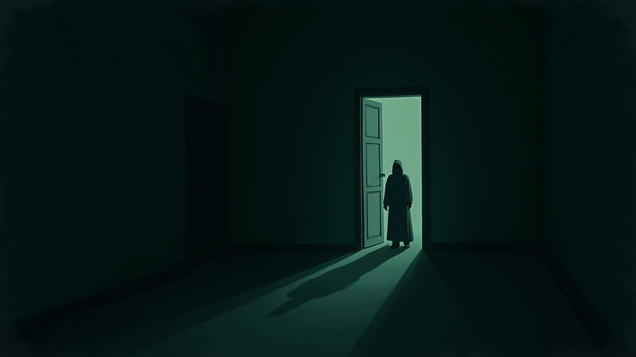 Illustration: a dark house corridor at midnight with faint light from an open doorway.