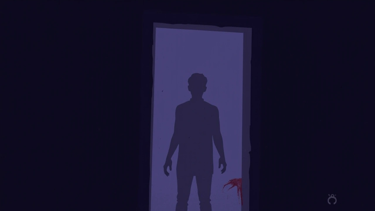Illustration: a dim, quiet room glimpsed through a phone screen, a faint red mark near the edge of the frame.