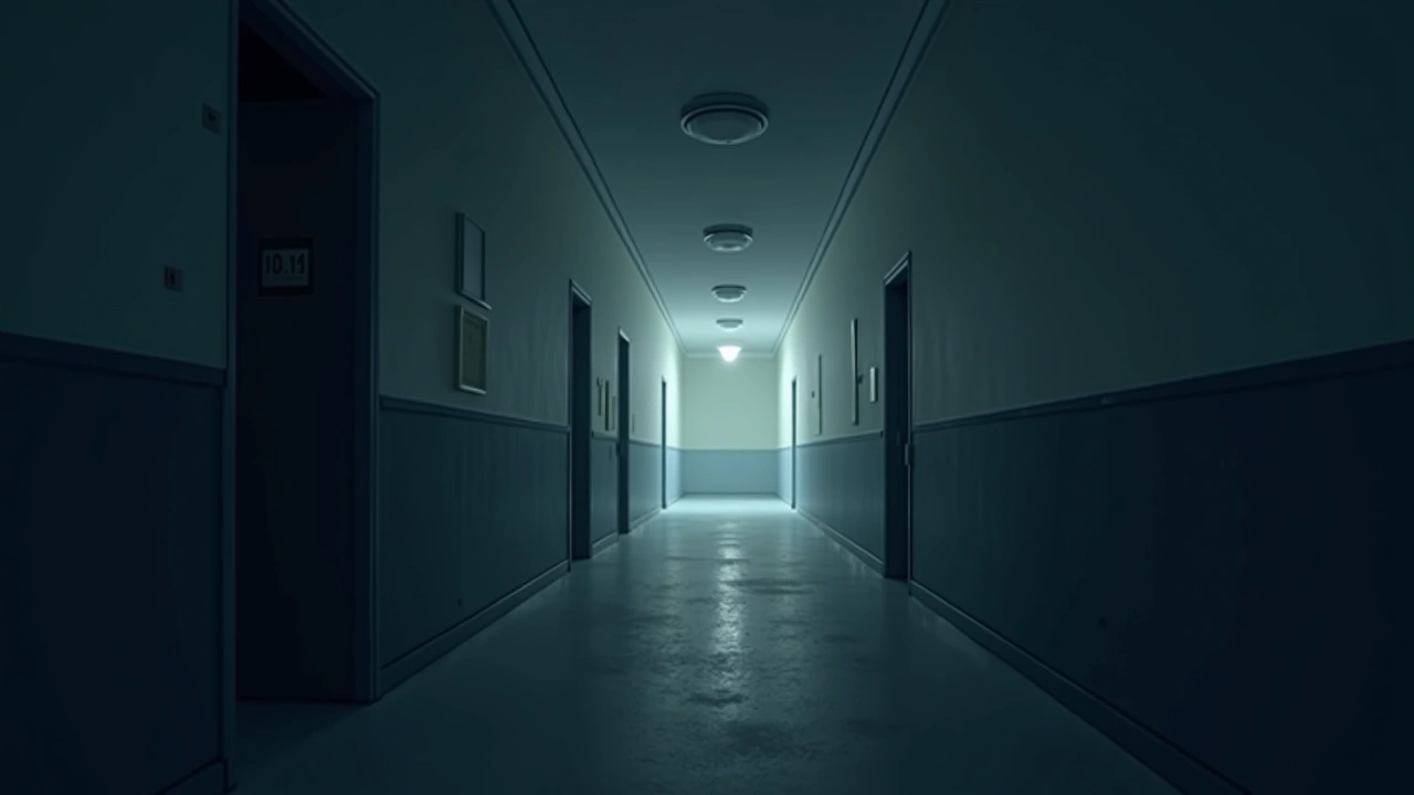 Illustration: an empty school hallway at night.