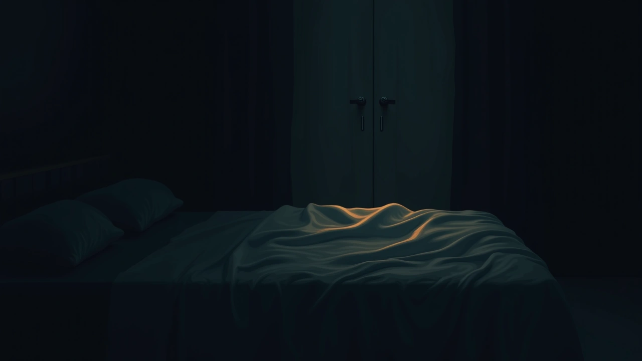 Illustration: a bedsheet caught mid-motion in a dim bedroom at night.