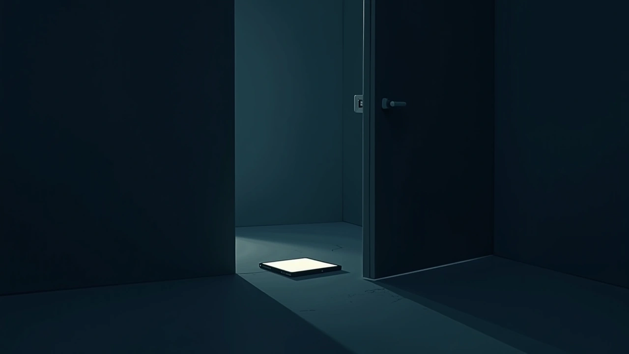 Illustration: a phone screen glowing faintly in a dark, empty room, the only light source.