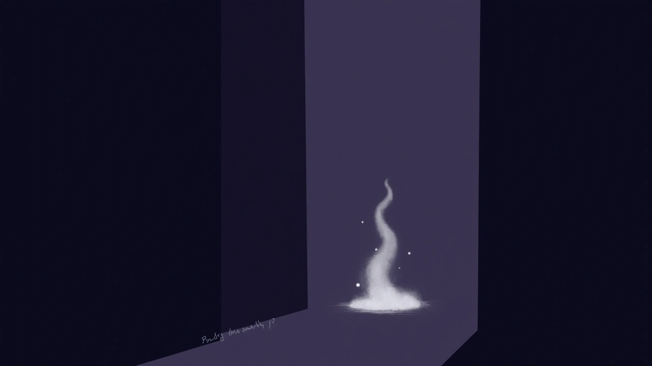 Illustration: a faint wisp of white mist in a dim hallway, caught mid-photograph.