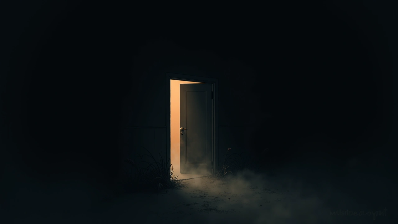 Illustration: a dark back door at night with faint mist swirling in the doorway.