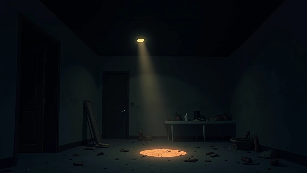 Illustration: the dark interior of an abandoned building at night, flashlight beams cutting through dust and debris.