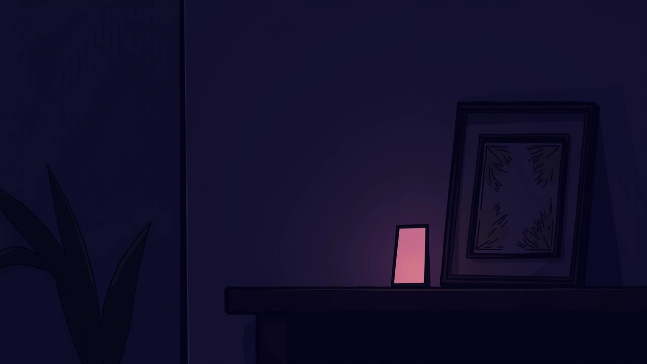 Illustration: A dim living room at dusk, a smartphone glowing softly beside a faded framed photograph on a shelf.