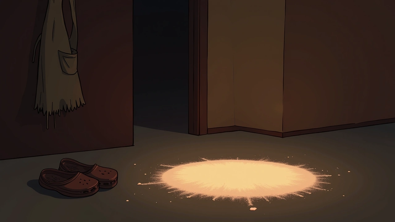 Illustration: A ring of salt on a dim floor, an apron and a pair of crocs set beside it.