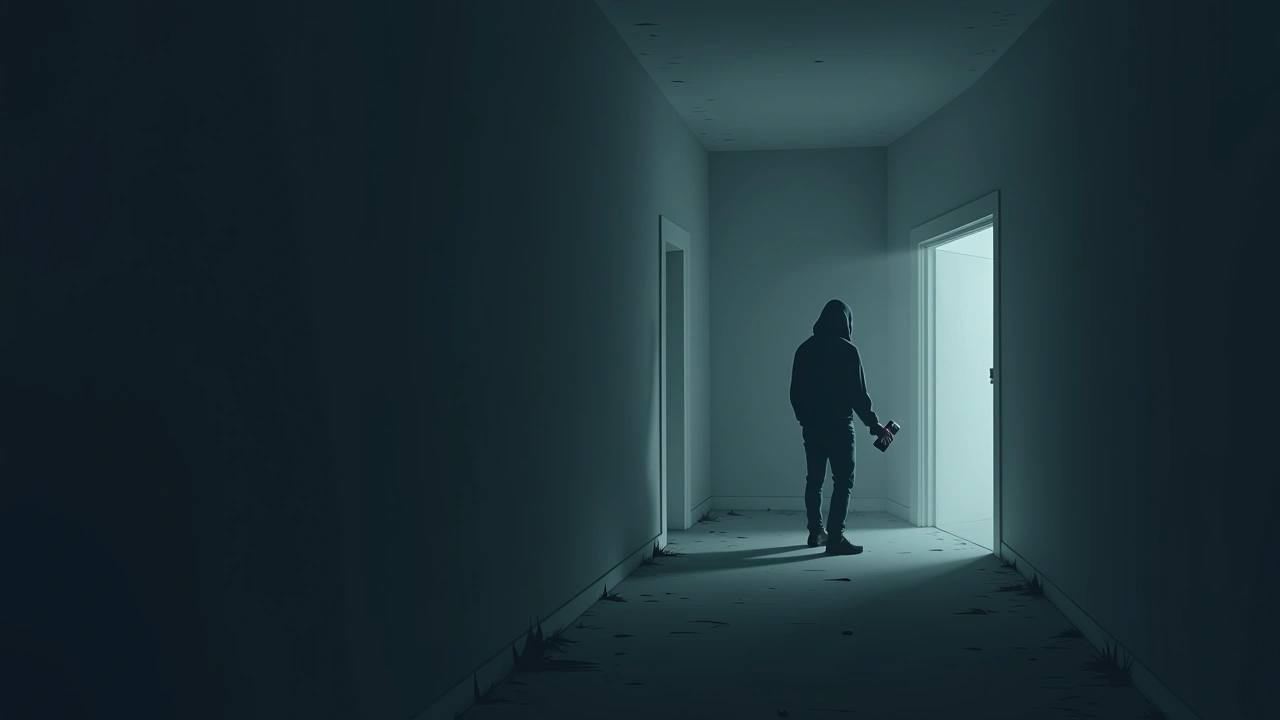 Illustration: a dark, haunted location during a paranormal investigation, a handheld radio device sweeping through static.