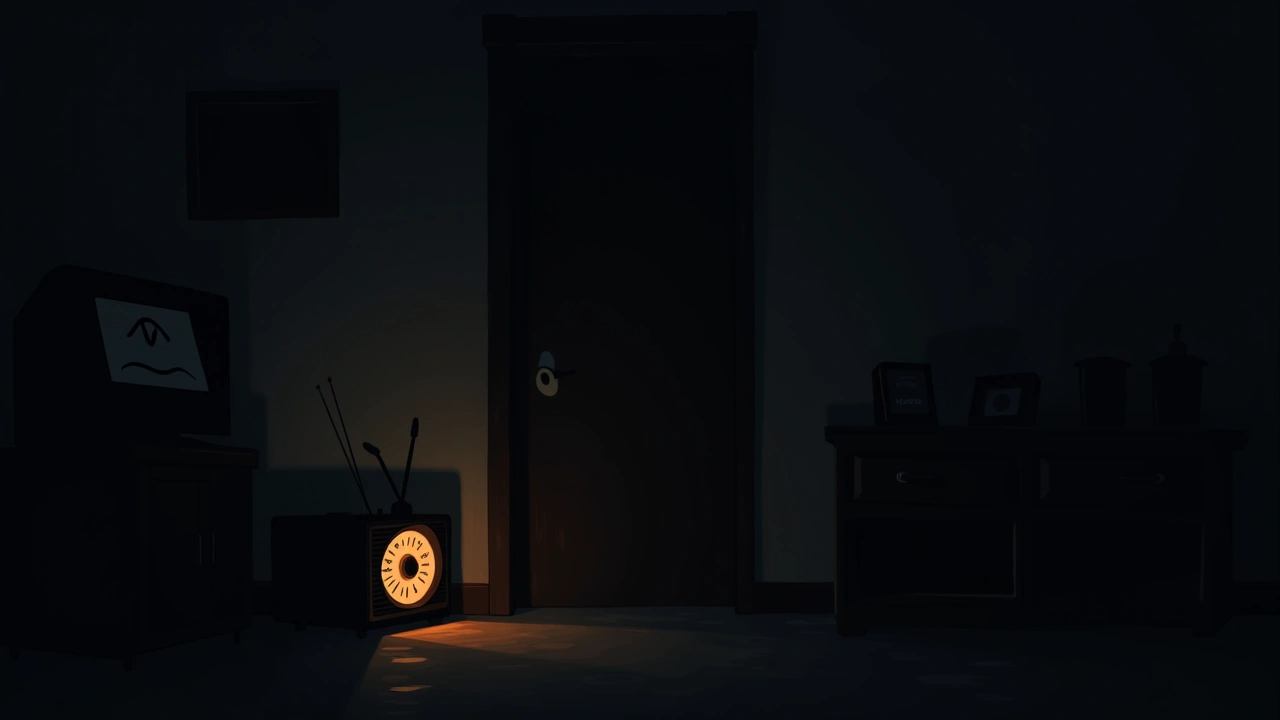 Illustration: A dim living room at night lit only by the soft glow of an old analog radio dial.