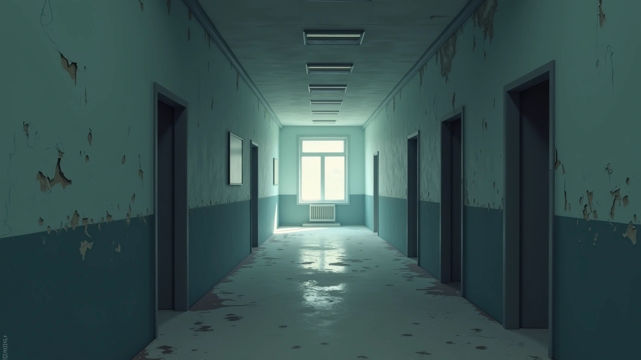 Illustration: a long corridor inside an abandoned psychiatric hospital, paint peeling from the walls.