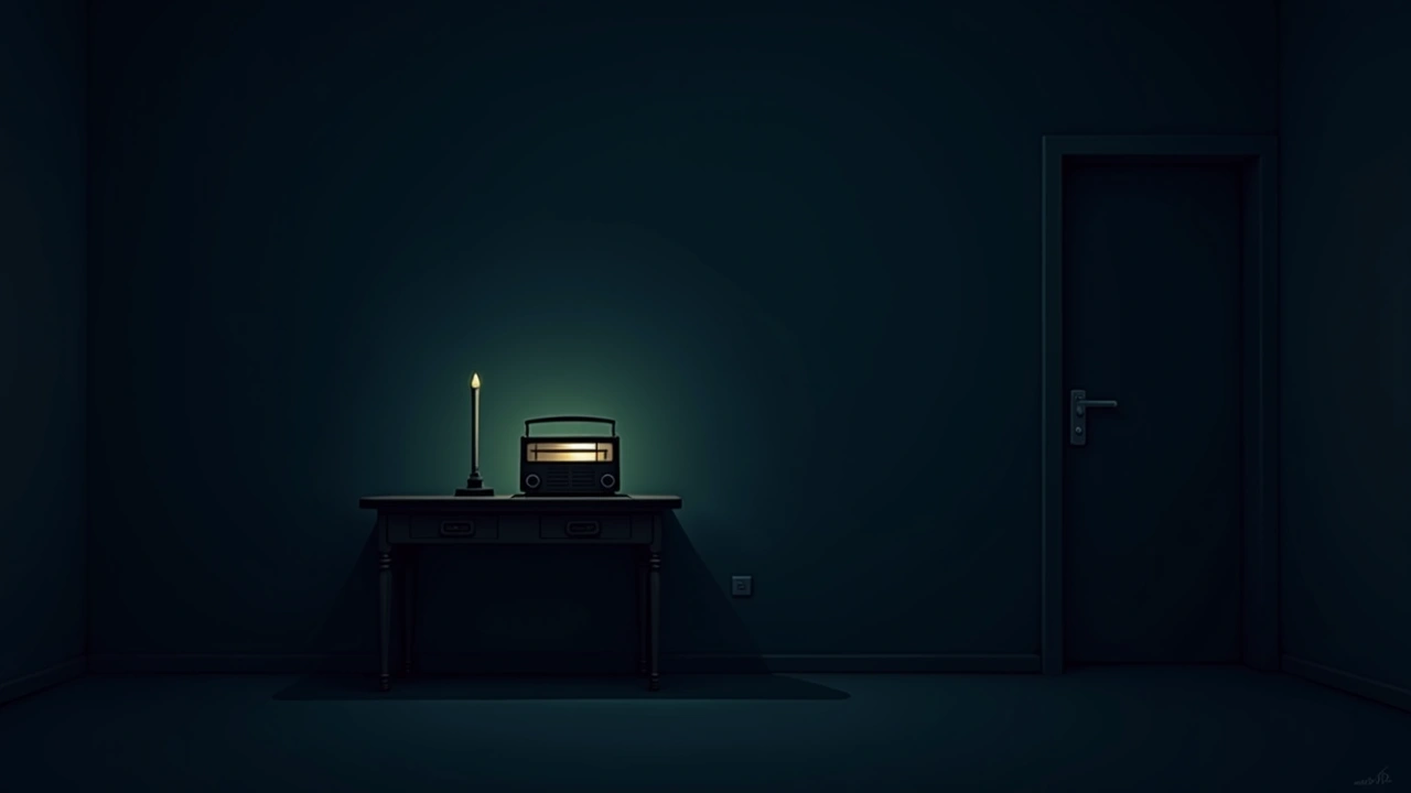 Illustration: a vintage radio glowing faintly on a table in a dim, quiet room.