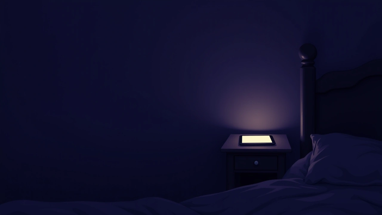 Illustration: a dim, quiet bedroom at dusk with a phone screen glowing softly on a nightstand.