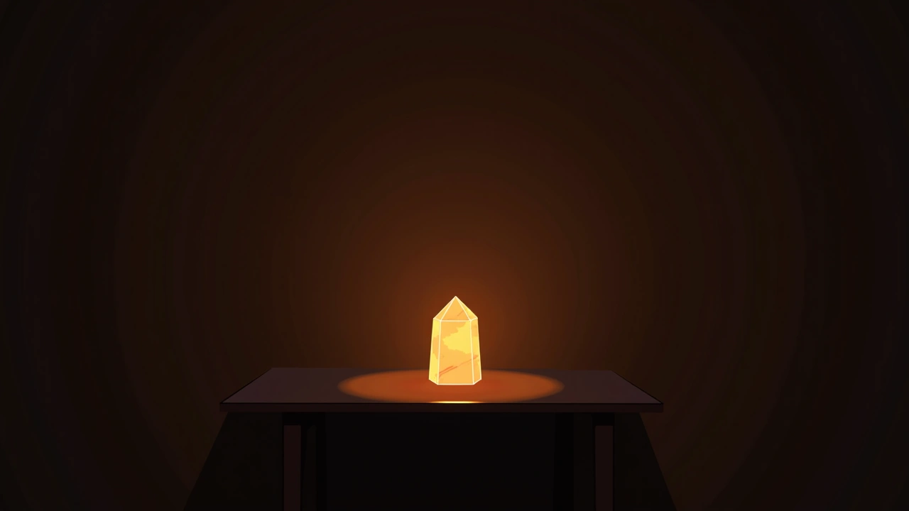 Illustration: a glowing crystal resting on a dark table, softly lit in a quiet room.