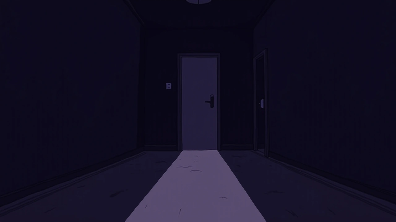 Illustration: a long dim hallway with a closed door at the far end.