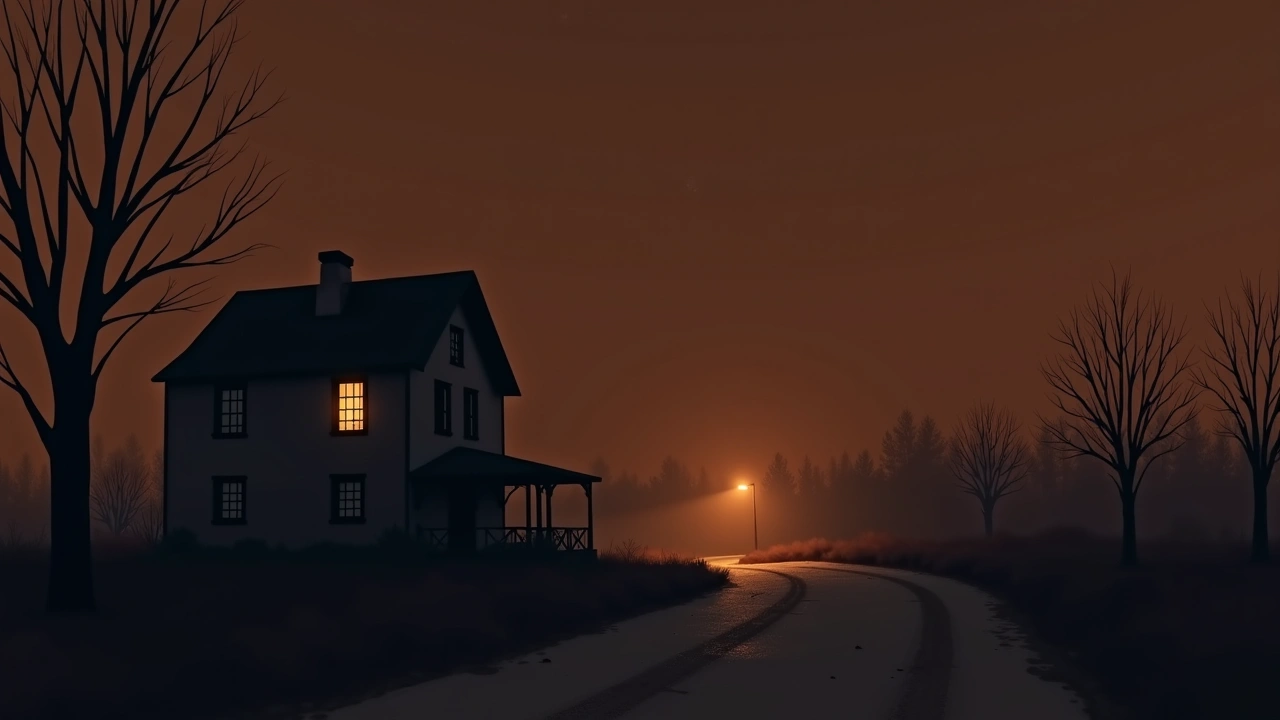 Illustration: an old house at night seen from the road, a single lit window.