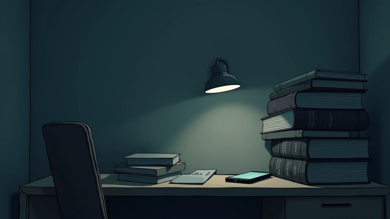 Illustration: A cluttered desk at night with an old smartphone glowing beside a stack of language dictionaries.