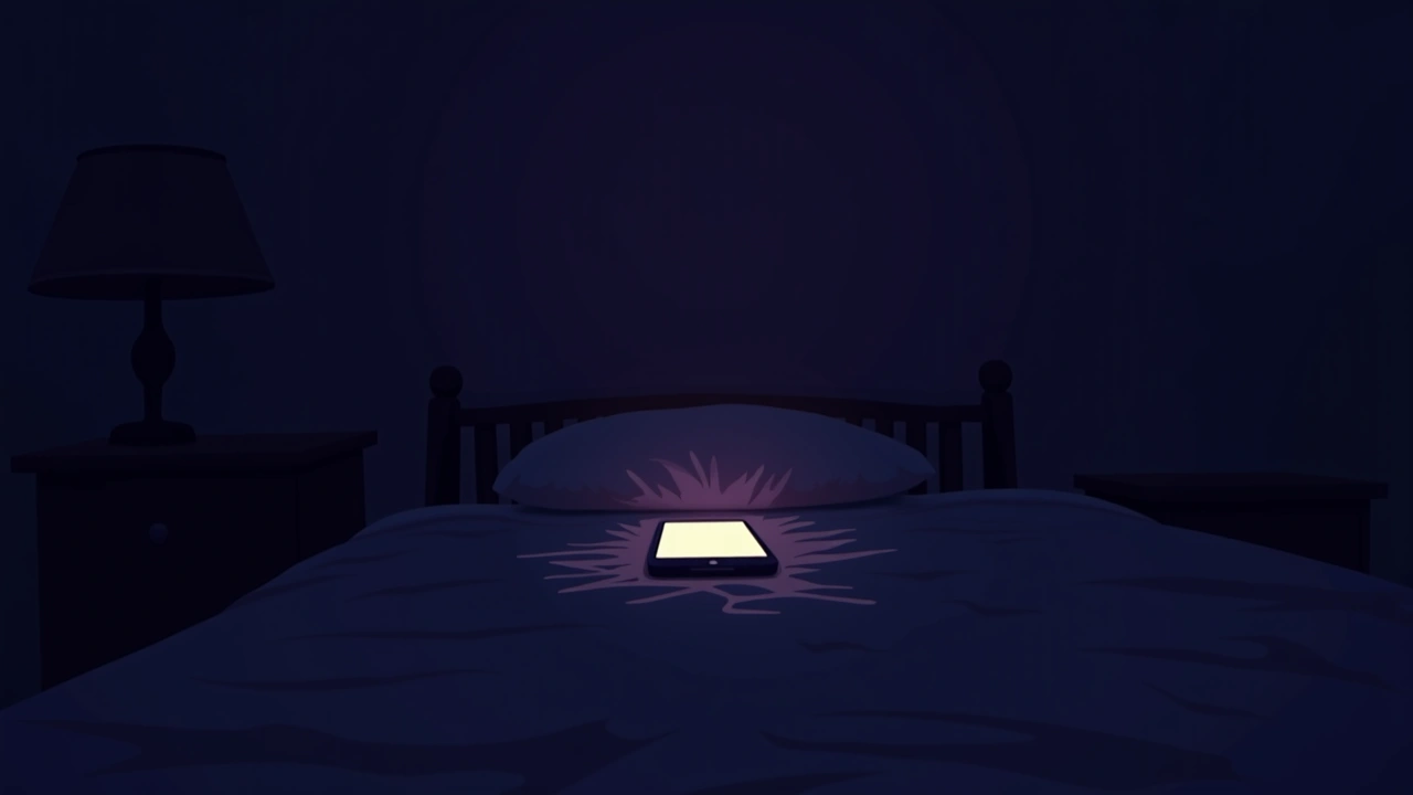 Illustration: a phone glowing faintly in a dark bedroom at night.