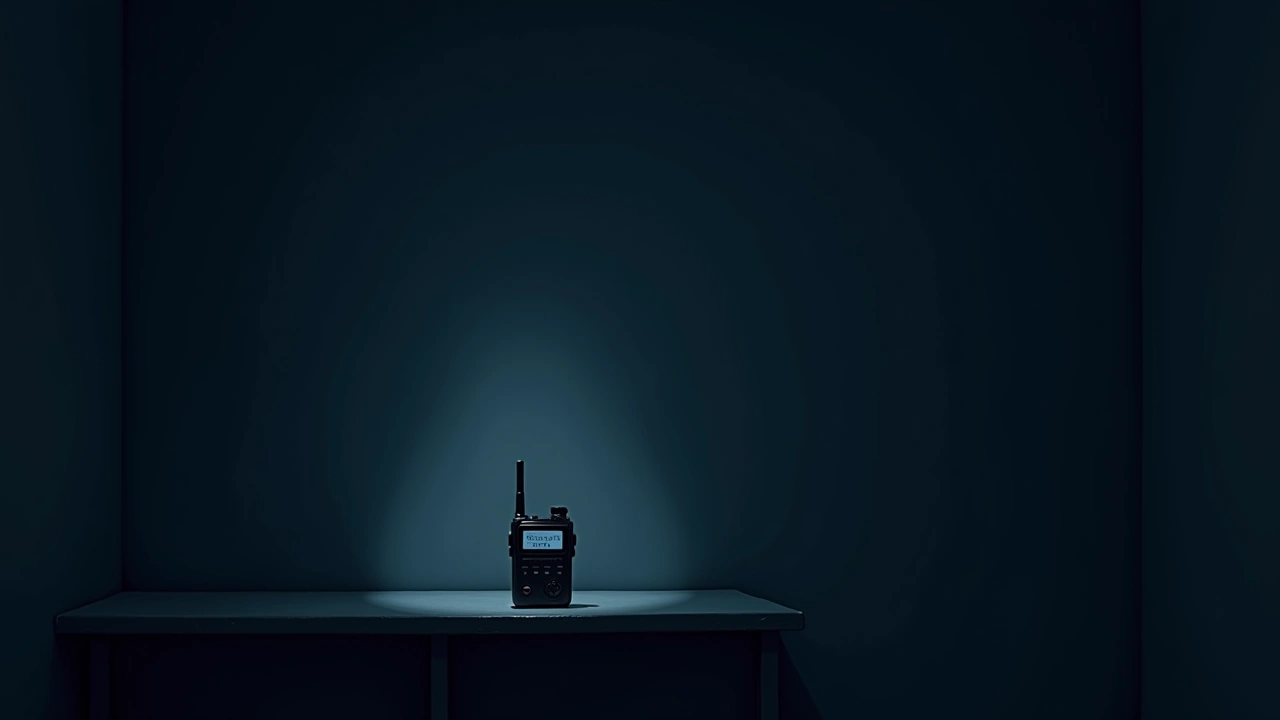 Illustration: a dim room set up for a paranormal investigation, a digital recorder resting on a table.