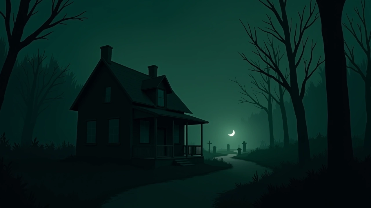 Illustration: An old wooden house on a lime-rock foundation, a cemetery visible down the street at dusk.