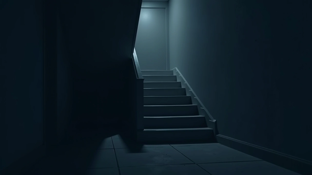 Illustration: a dim staircase at night, seen from below looking up into shadow.