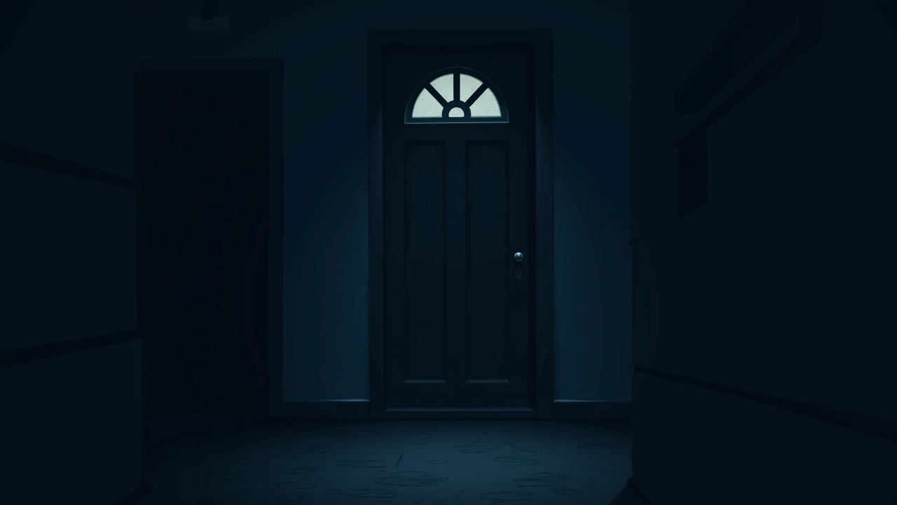 Illustration: a front door at night seen from a dim living room.