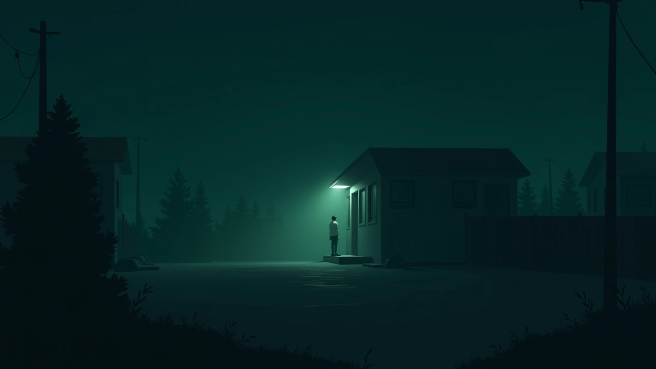 Illustration: a dim motel room at night.