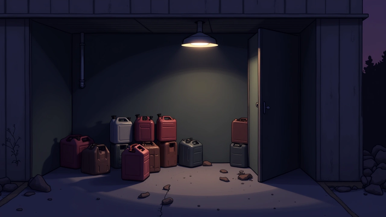 Illustration: an outside basement stacked with old gas cans under a dim overhead light.