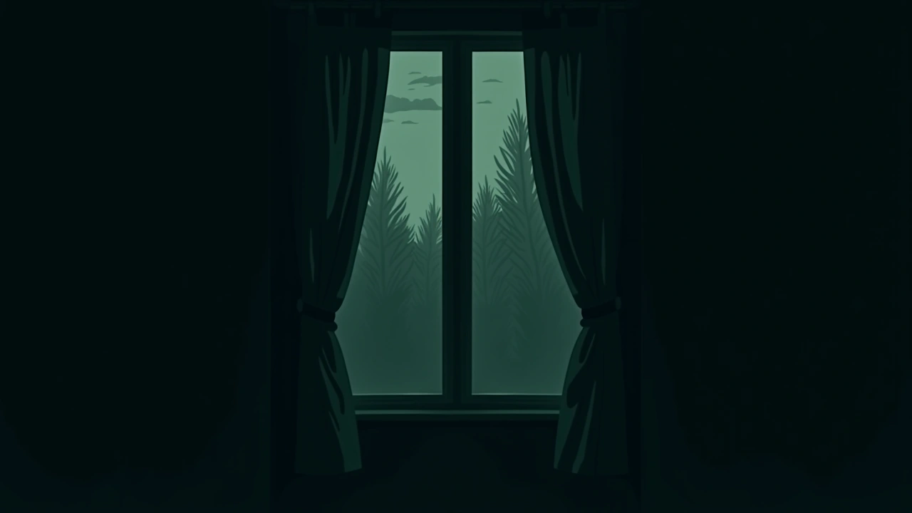 Illustration: a dark window at night, curtains slightly parted, looking out into a dim yard.
