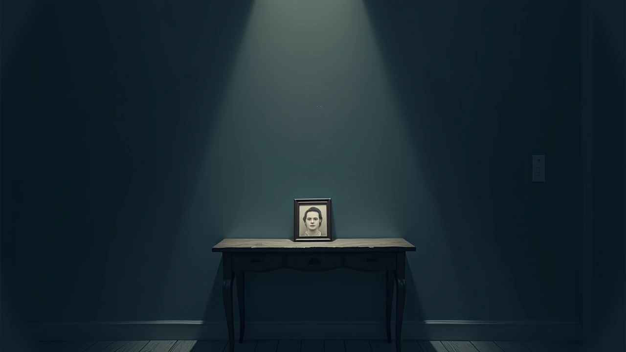 Illustration: an old family photograph on a table in a dim room, shadows at the edges.