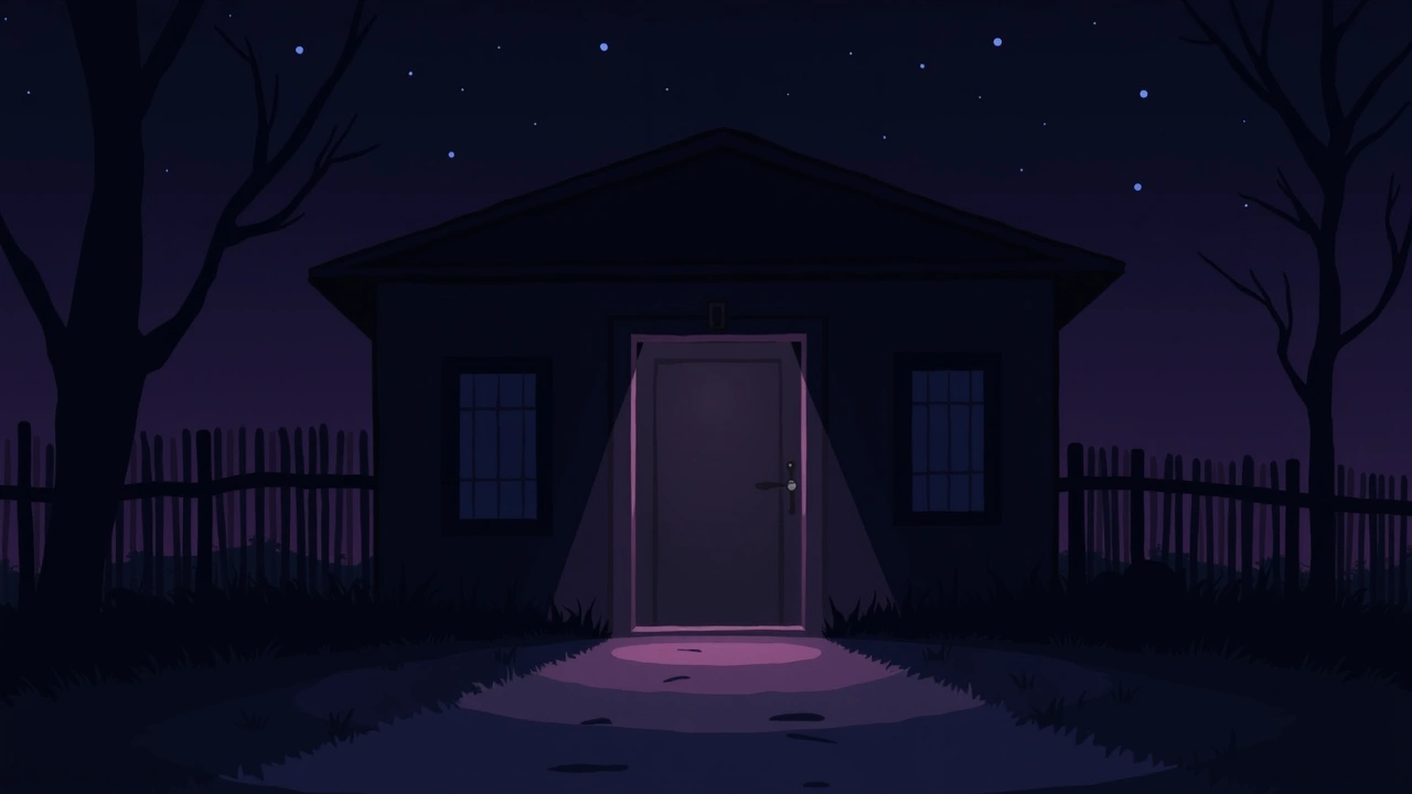 Illustration: an old haunted house entrance at night, its front door standing open.
