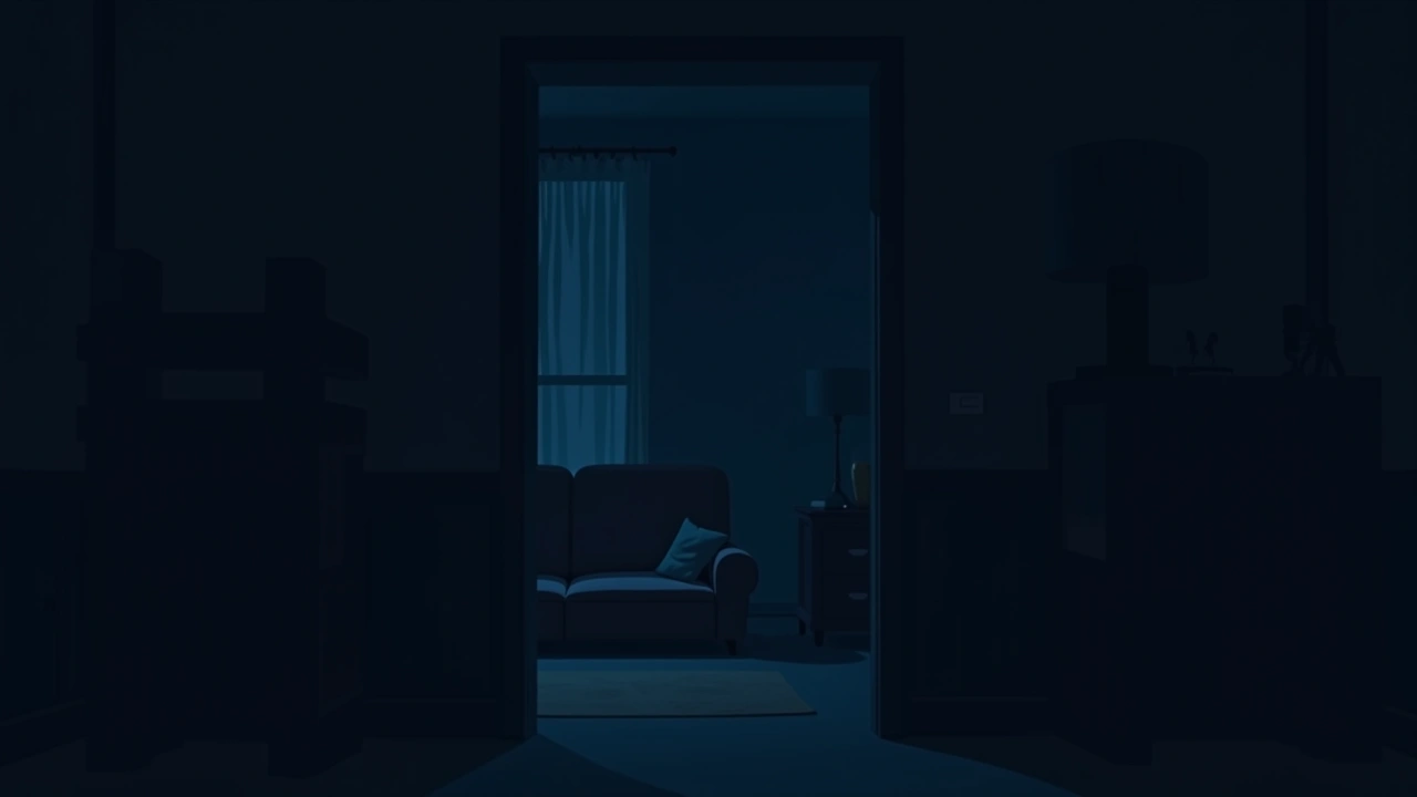 Illustration: a dim living room at home with faint indistinct presences in the shadows.