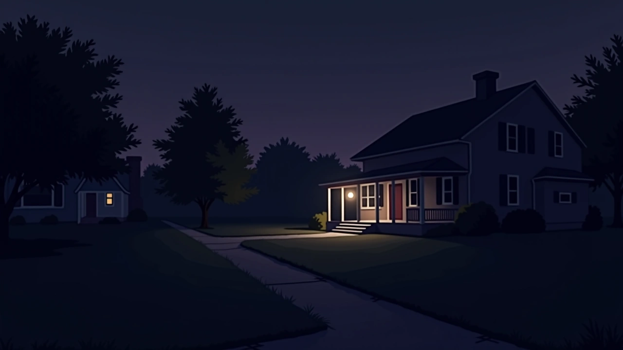 Illustration: a dark front yard at night with a porch light glowing in the distance.
