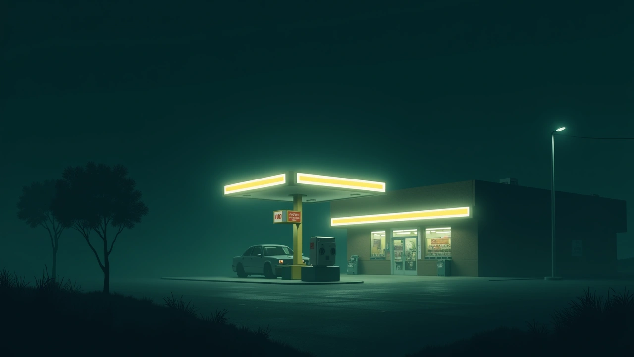 Illustration: a convenience store forecourt at night, lit under fluorescent signage.