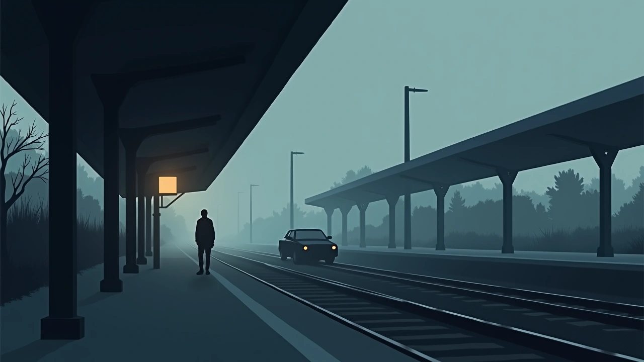 Illustration: a quiet train station platform at dusk, an idling car parked nearby.