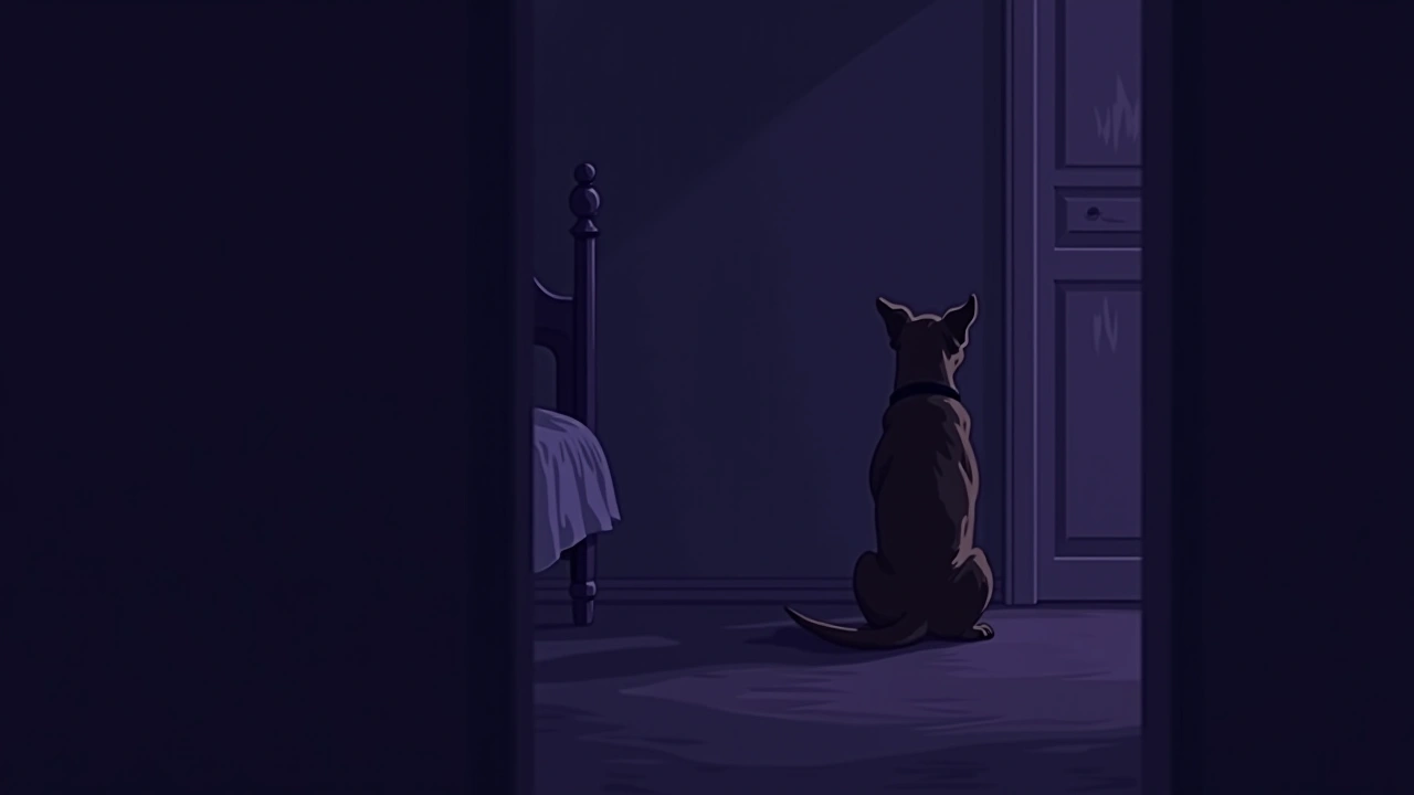 Illustration: a dog sitting alert in a dim bedroom, sensing something unseen.