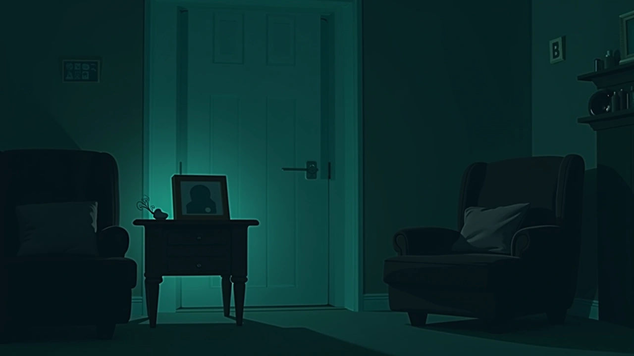 Illustration: A dim living room at dusk, an old family photo resting on a side table.