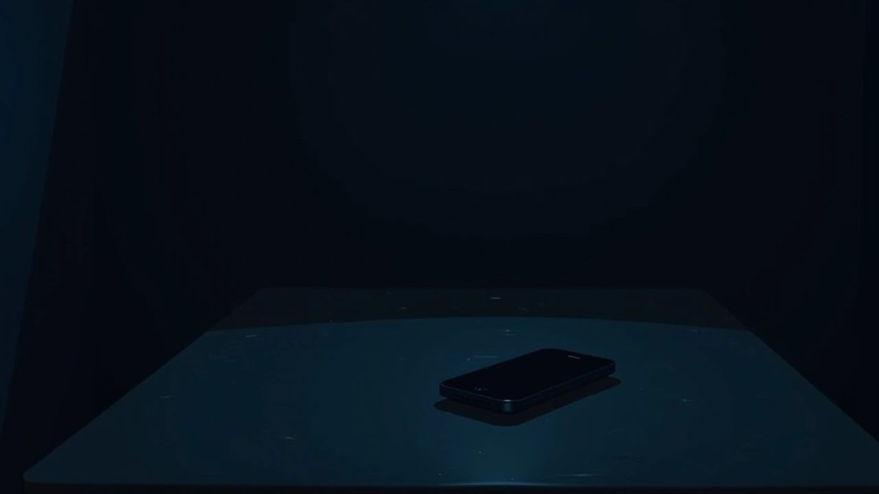 Illustration: a dark, empty room with a phone resting on a table.