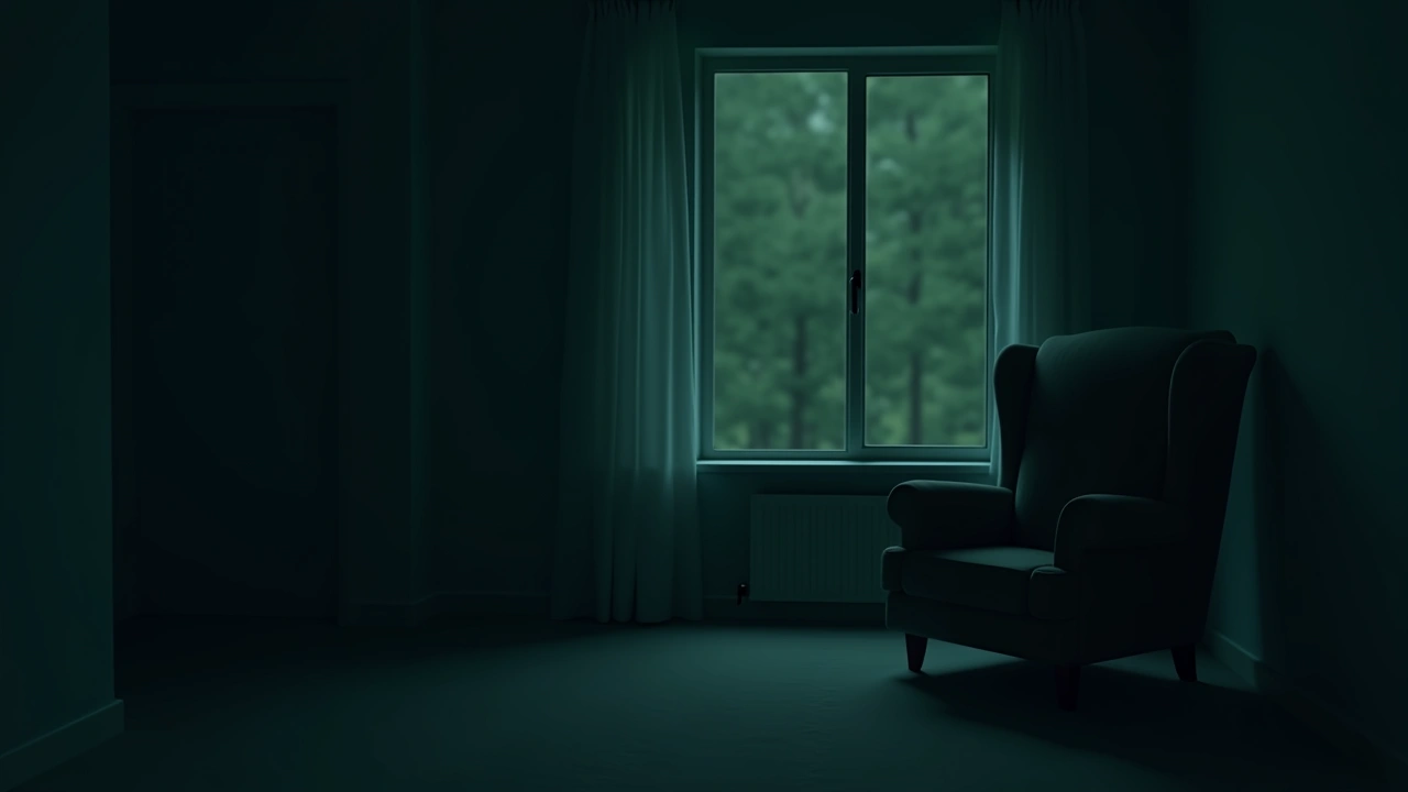 Illustration: a quiet family living room at dusk, a single armchair by the window.