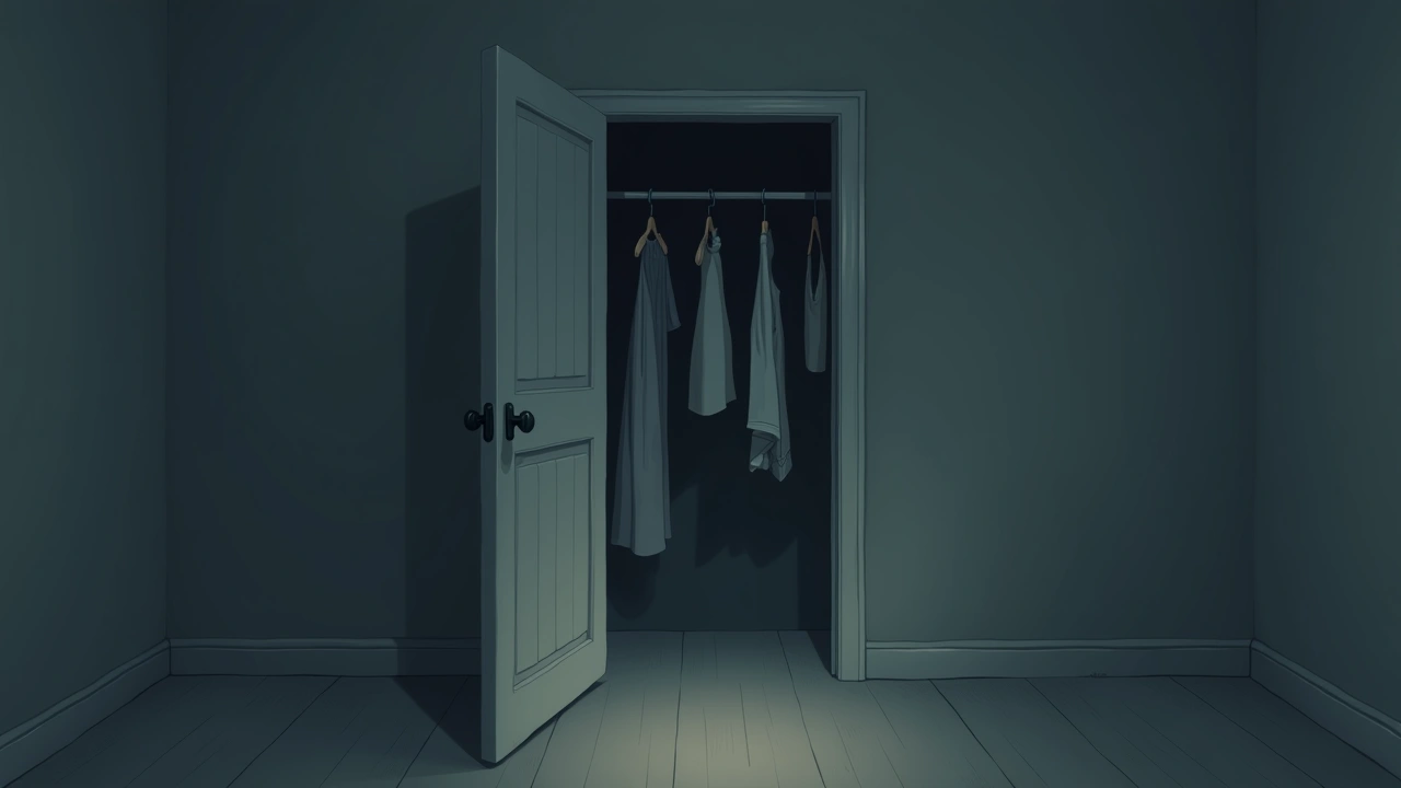 Illustration: a slightly open closet door in dim light with clothes hanging inside.