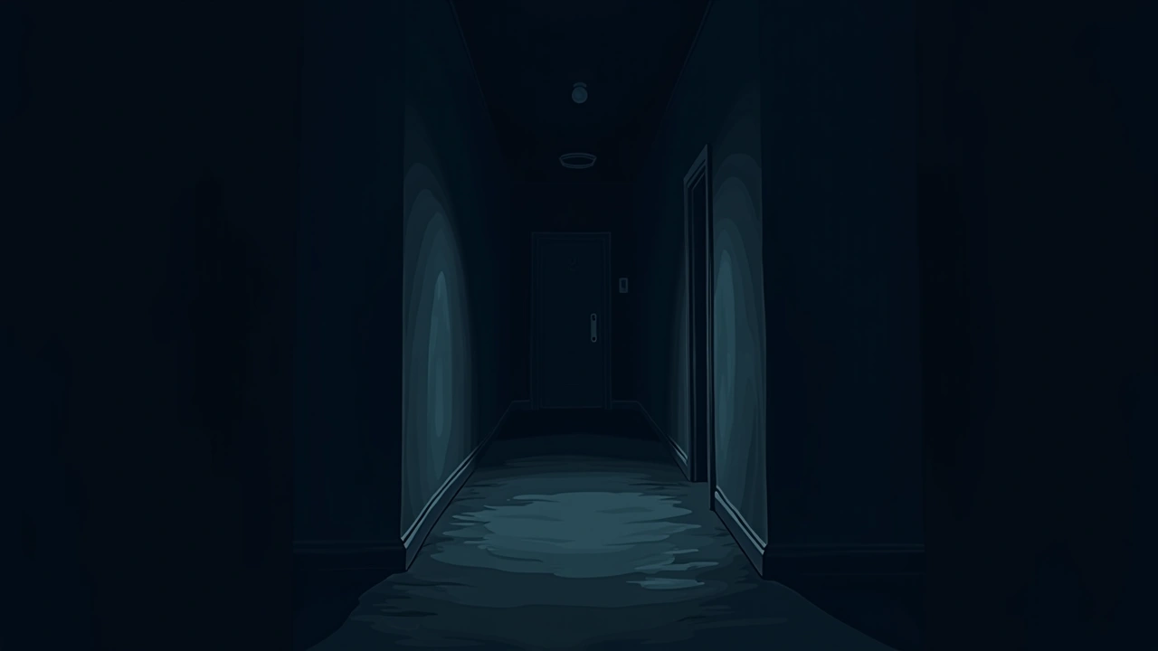Illustration: a dark, quiet hallway inside an old house at night.