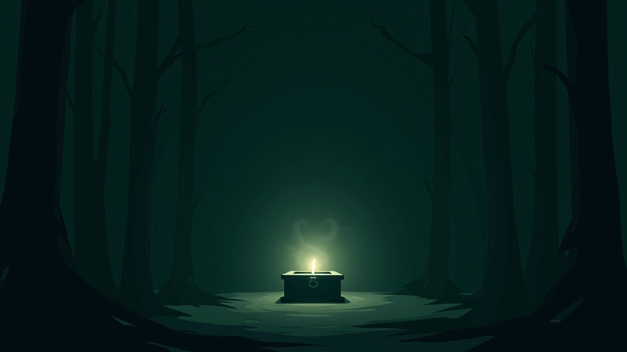 Illustration: a spirit box device glowing faintly in a dark, quiet room.