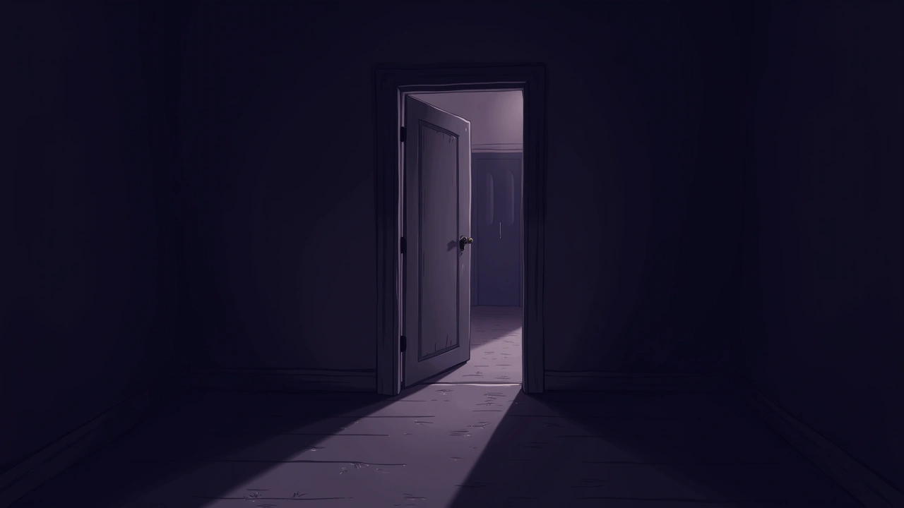 Illustration: a dim, empty hallway in an old house, a faint shadow near a doorway.