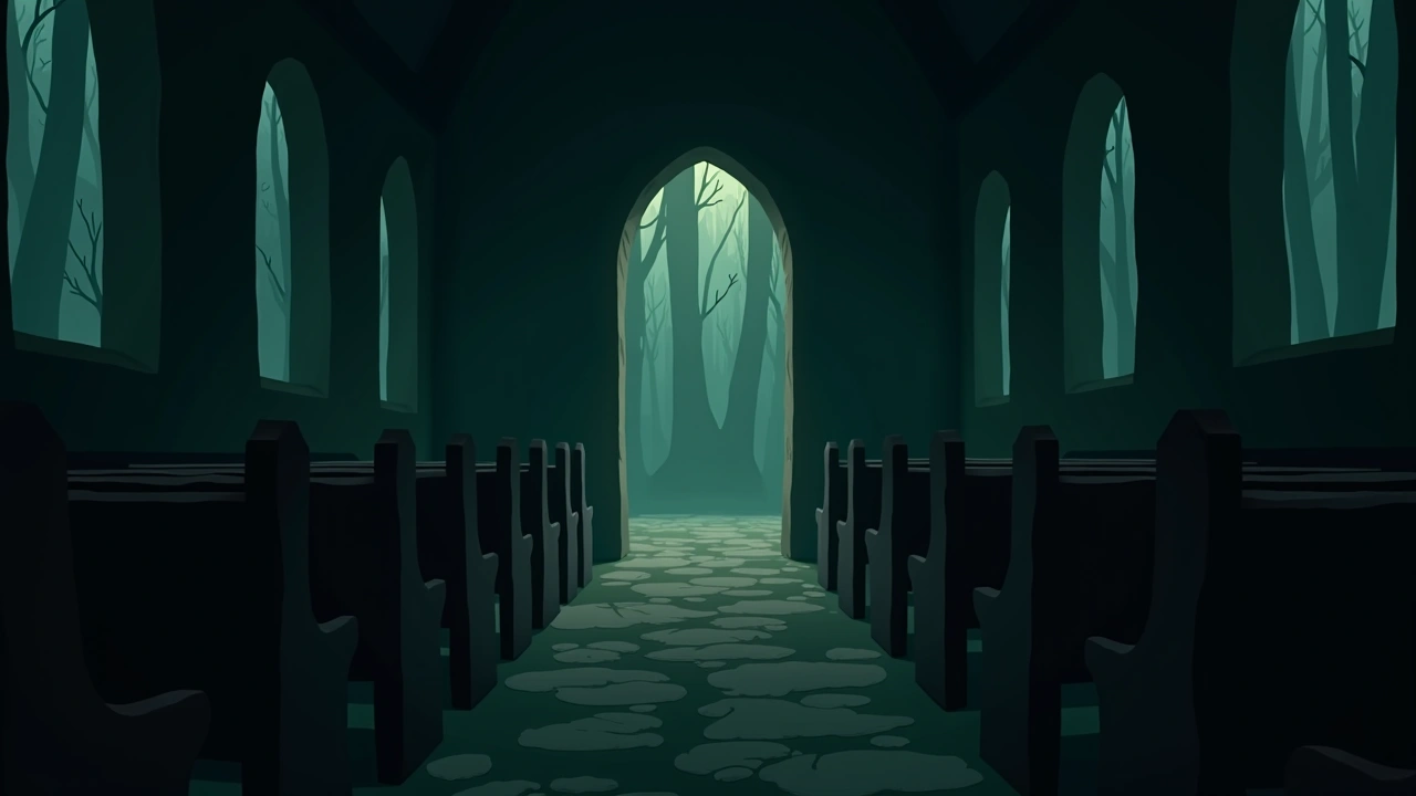 Illustration: the dim stone interior of an old Presbyterian church, pews in shadow.